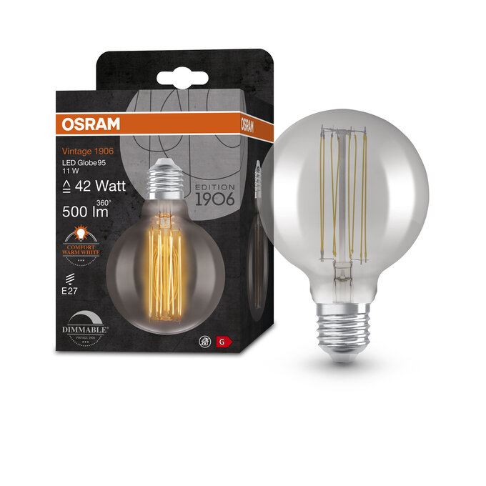 OSRAM Vintage 1906 Straight Ultra Thin Globe95 DIM Smoke 11W=42W E27
