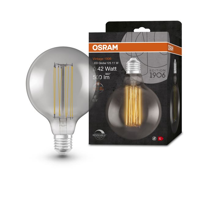 OSRAM Vintage 1906 Straight Ultra Thin Globe125 DIM Smoke 11W=42W E27