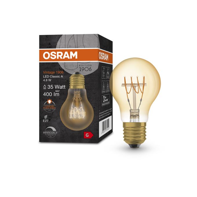 Osram LED Vintage 1906 Standard Spiral Ultra Tynd DIM Gold 4,8W=35W E27