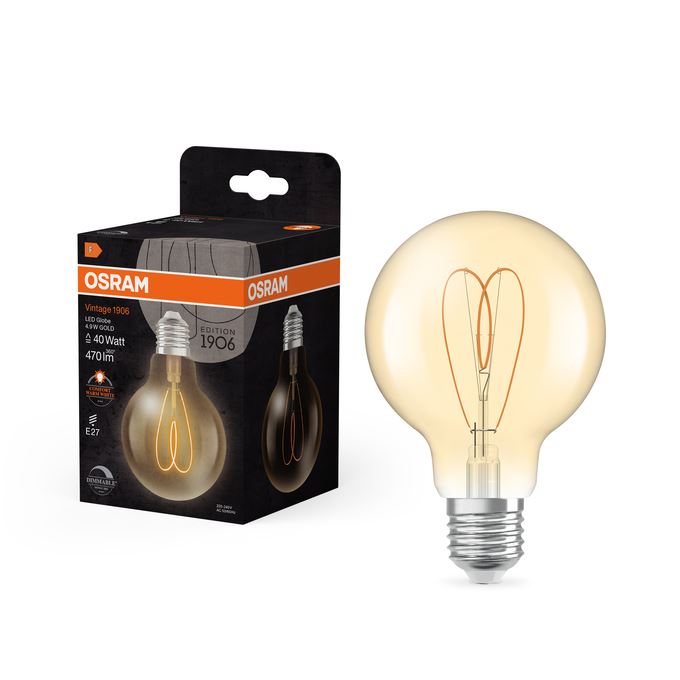 OSRAM Vintage 1906 CRI90 Globe 80 Hjerte Gold DIM 4,9W=40W 922 E27