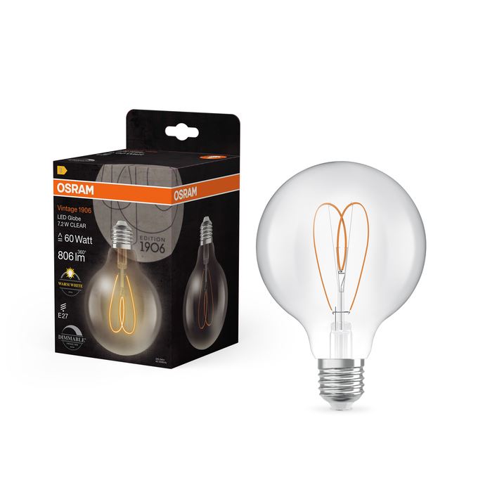 OSRAM Vintage 1906 CRI90 Globe 95 Hjerte Klar DIM 7,2W=60W 927 E27