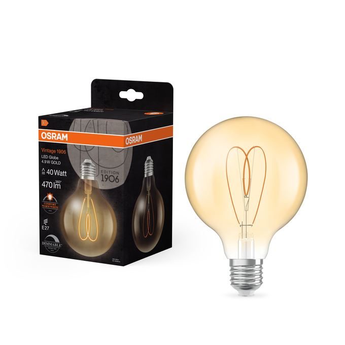 OSRAM Vintage 1906 CRI90 Globe 95 Hjerte Gold DIM 4,9W=40W 922 E27