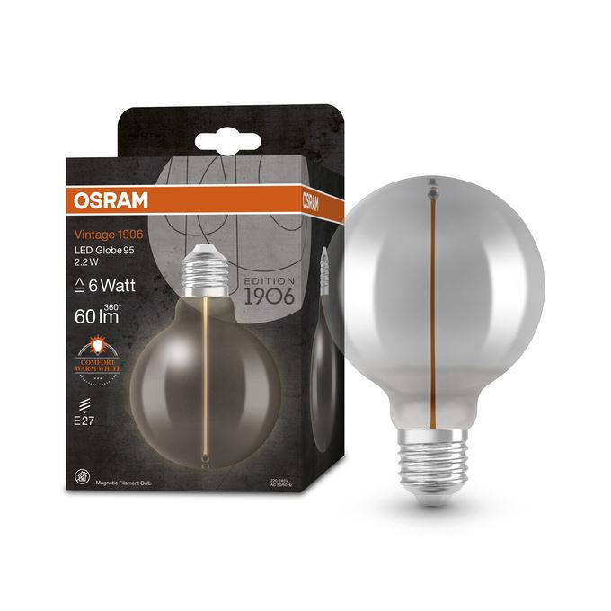 OSRAM Vintage 1906 Globe 95 Filament Magnetic 2,2W=6W Smoke E27