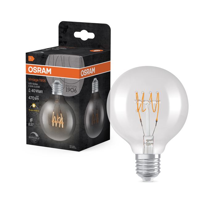 Osram LED Vintage 1906 Globe 80 Spiral Ultra Tynd DIM Klar 4,8W=40W E27