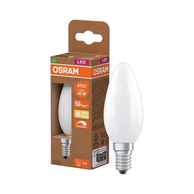OSRAM LED Cl. B Kerte 2,5W=40W mat E14 dim - Energiklasse B